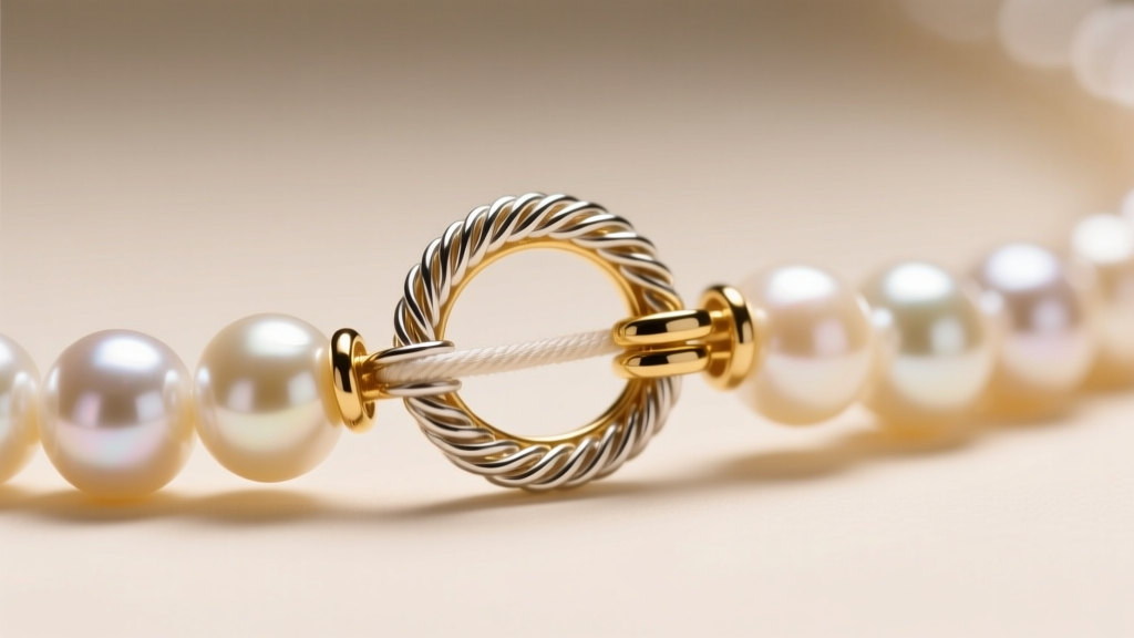 Close-up of a gold clasp on a pearl strand, featuring coiled silver French wire protecting the underlying silk thread from wear.