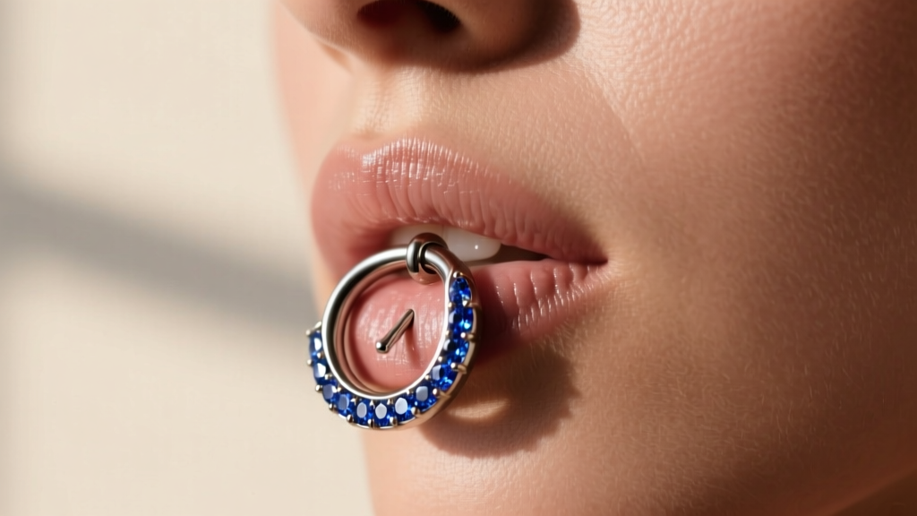 14-gauge curved titanium barbell with sapphire gems in a vertical piercing, illuminated by bright, soft natural window light.