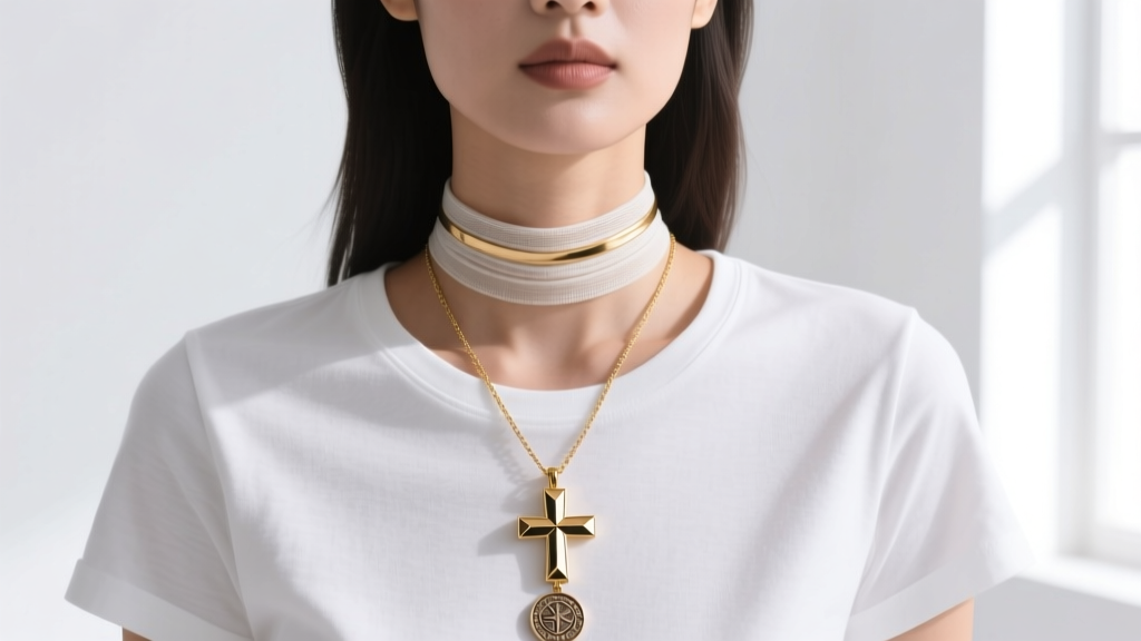 Woman wearing a layered stack with a choker, an 18-inch sideways cross, and a medal pendant against a white cotton t-shirt.