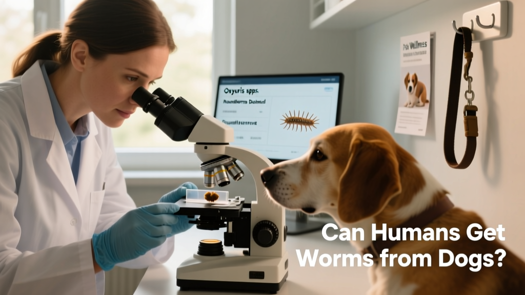 Close-up of a veterinarian examining a dog’s stool sample under a microscope