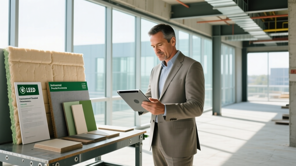 Architect reviewing Environmental Product Declarations for LEED compliant insulation materials on a digital tablet at a commercial construction site