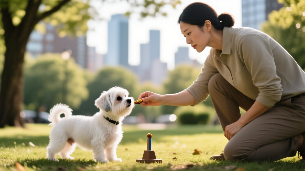 A trainer calmly guiding a Maltese through a 'leave-it' exercise with treats