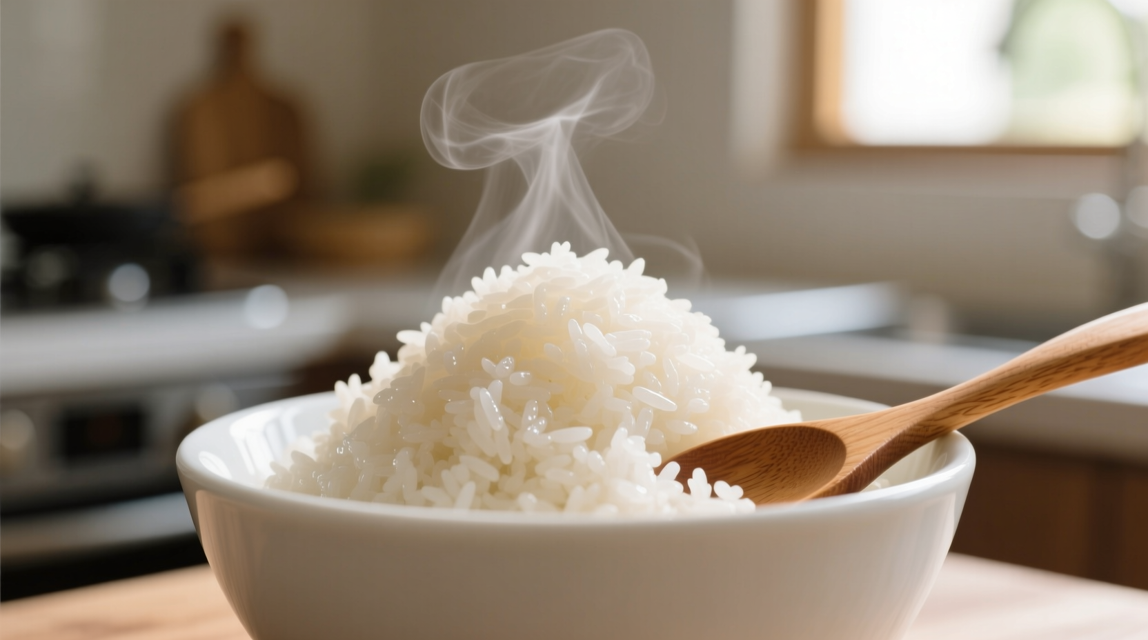 Fluffy jasmine rice in white bowl with wooden spoon