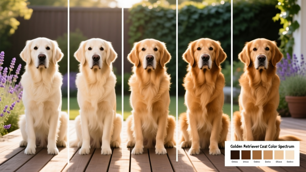 Side-by-side comparison of five Golden Retriever coat shades, from light cream to dark gold, showing consistent texture and sheen