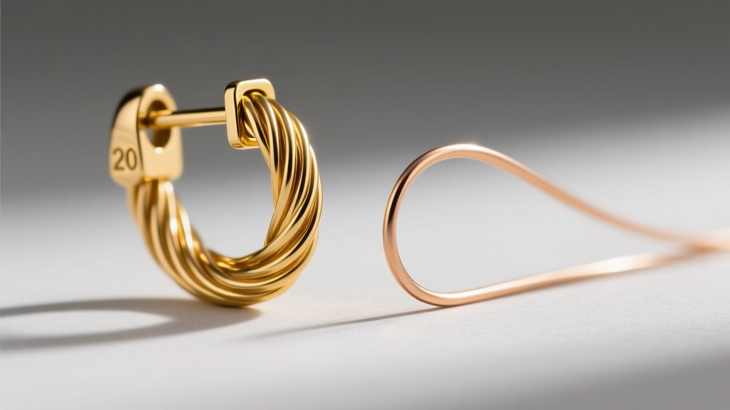 Close-up comparing a 20-gauge gold vermeil leverback wire to a thin plated brass wire, showing the difference in metal thickness.
