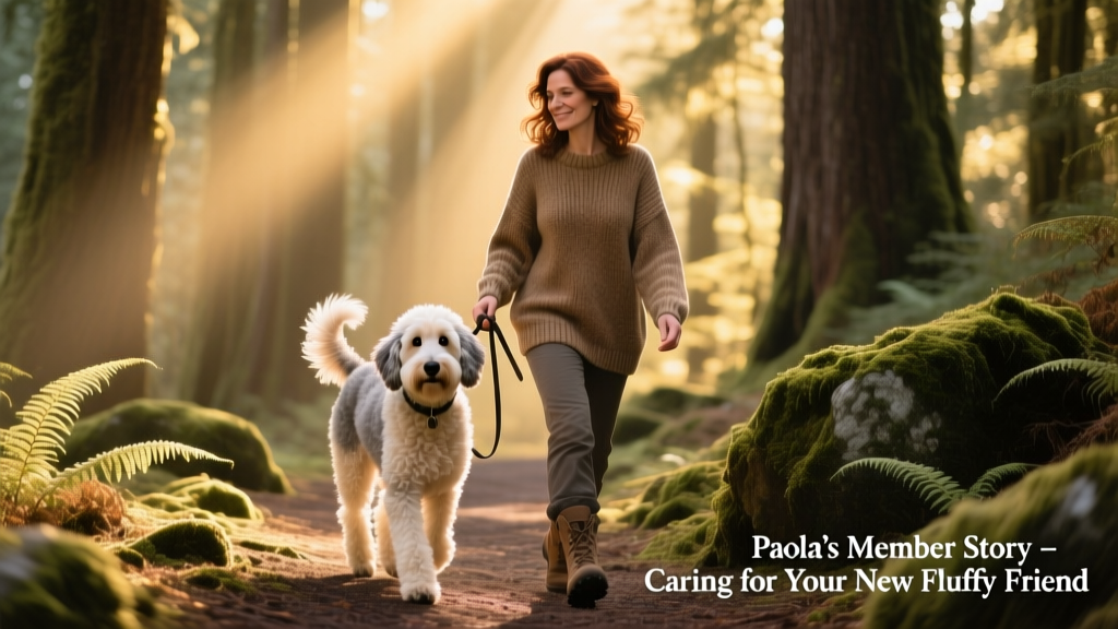 Paola walking a gentle Bernadoodle along a forest trail in British Columbia
