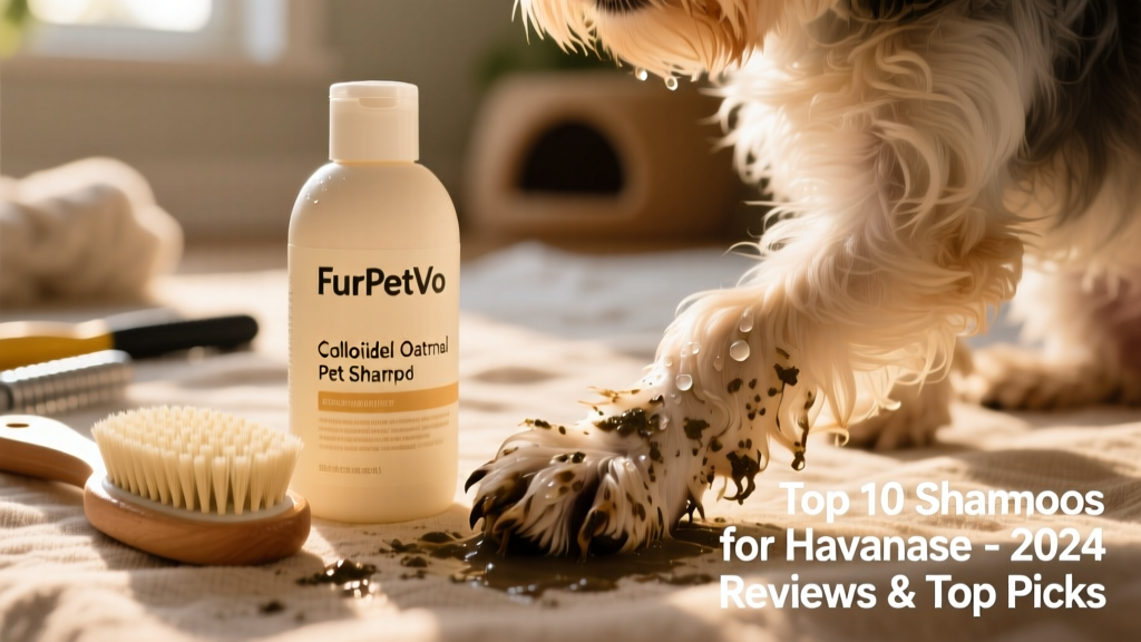 Bottle of FurPetVo Colloidal Oatmeal Pet Shampoo beside a soft brush and a damp Havanese paw