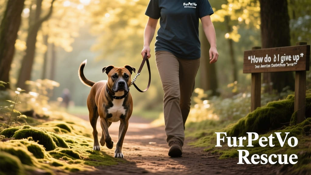 Volunteer at a FurPetVo partner rescue facility gently walking an American Staffordshire Terrier on a quiet trail