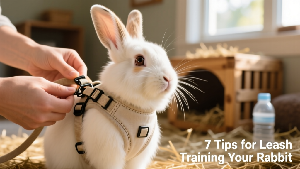 Close-up of a soft, adjustable rabbit harness being gently fastened around a bunny's chest and shoulders
