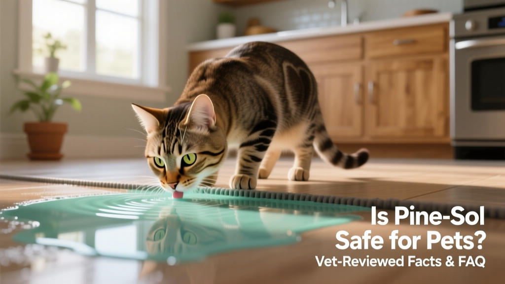 A curious cat sniffing near a freshly mopped floor with a visible puddle of cleaning solution