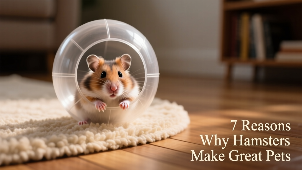 A hamster curiously exploring a clear exercise ball on a soft rug in dim ambient light