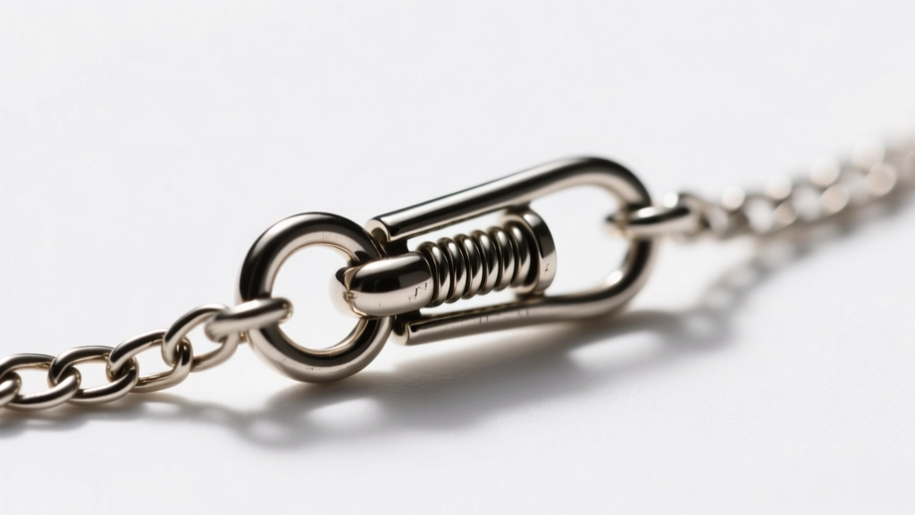 Close-up of a 5mm lobster clasp on a 1.2mm rolo chain Ariana necklace, showing the spring mechanism and soldered jump ring