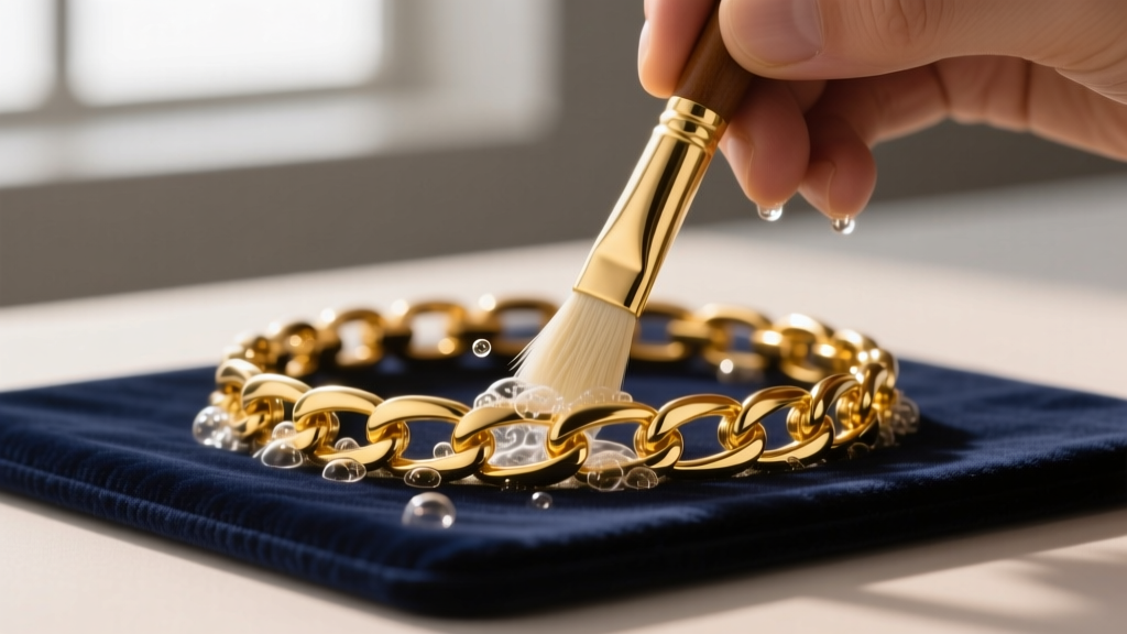Jeweler cleaning an 18k yellow gold luxury link bracelet with a soft brush and soapy water on a dark velvet mat in a studio.