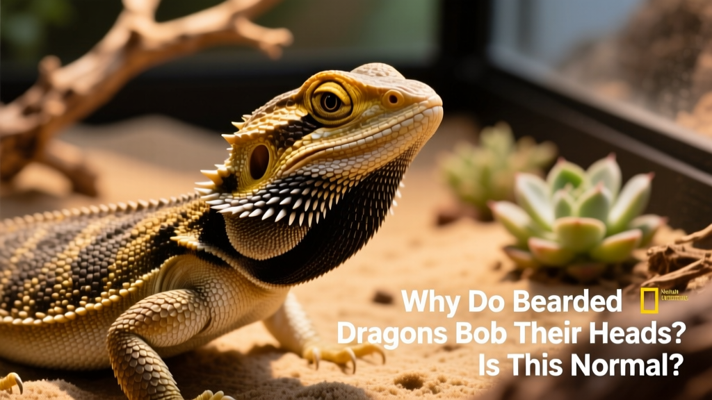 Male bearded dragon performing a slow, deliberate head bob while displaying a darkened beard