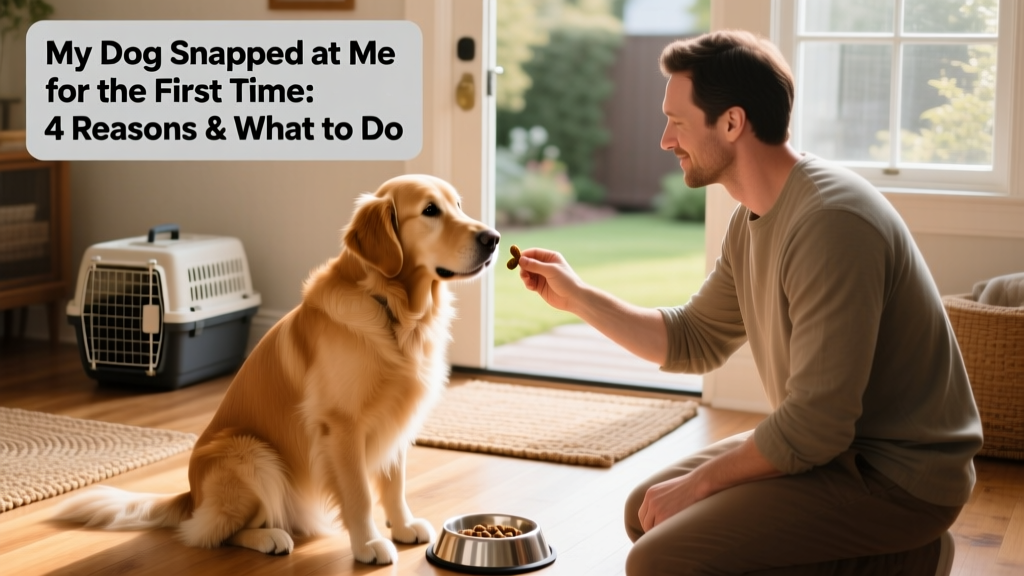 Dog owner calmly offering a treat to a dog sitting beside its food bowl, demonstrating a positive trade interaction