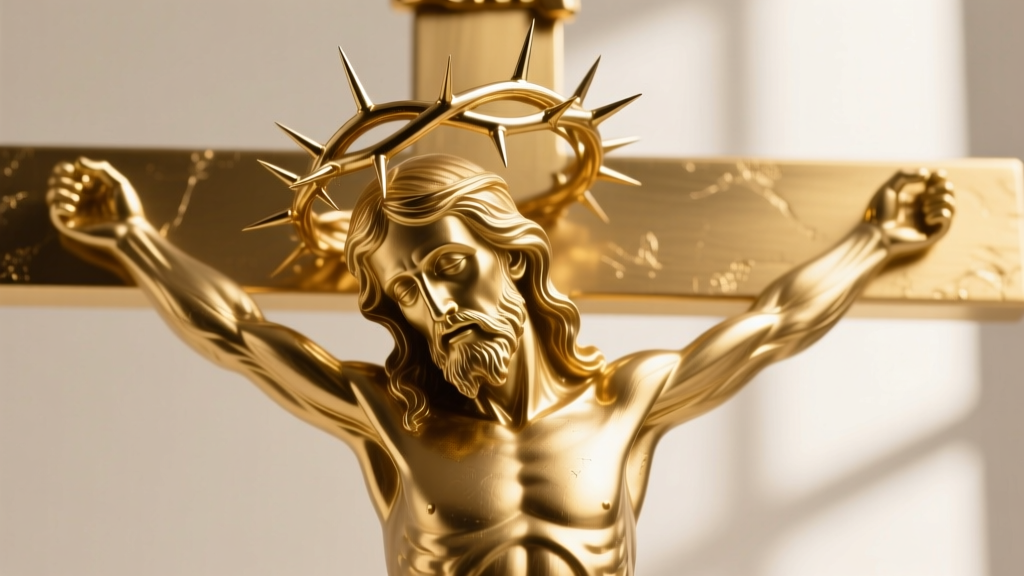 Macro photography of intricate facial details and crown of thorns on an 18k gold corpus, highlighting lost-wax casting precision.