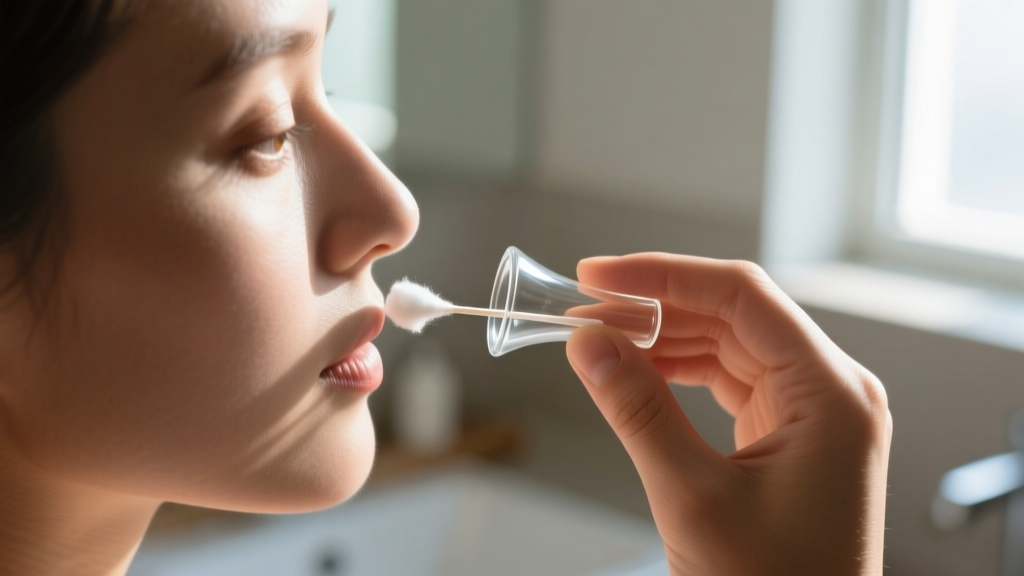 Close-up of a person cleaning a 0g borosilicate glass ear tunnel with a cotton swab and mild soap under soft natural lighting.