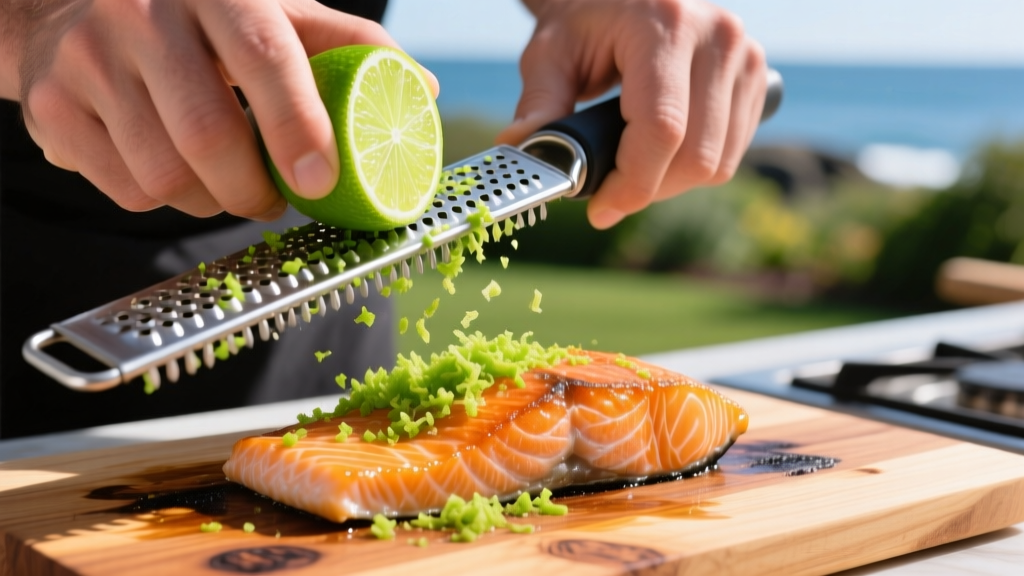 Hands using Microplane zester to grate fresh lime over cedar-plank salmon outdoors highlighting fine metallic teeth and bright zest