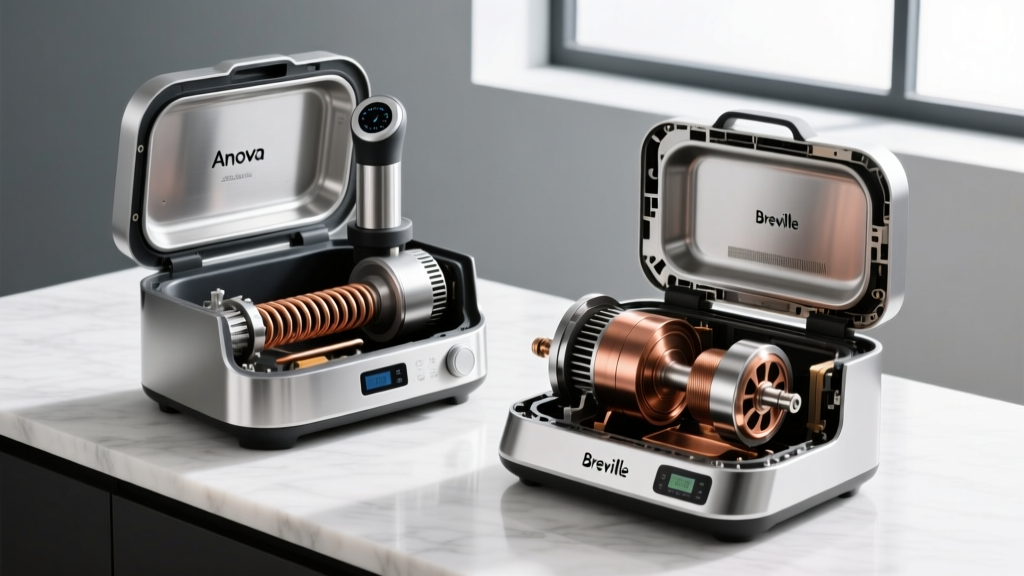 Teardown of Anova Precision and Breville Joule Turbo sous vide cookers revealing internal heating elements, impellers, and scale buildup.