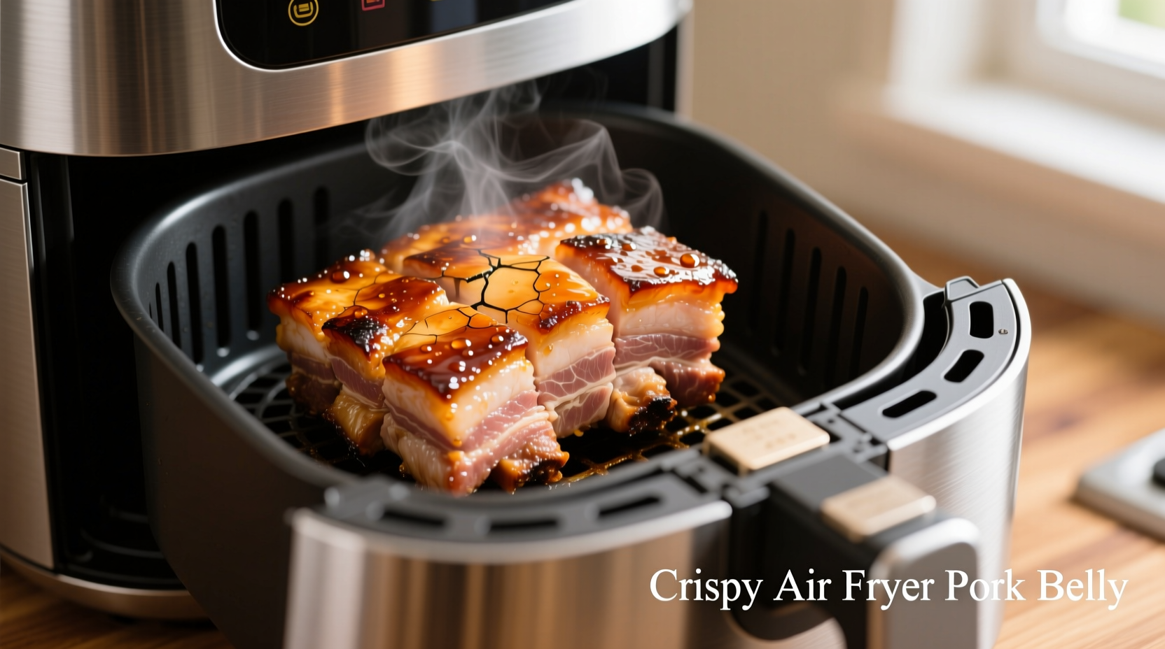Crispy golden pork belly in air fryer basket
