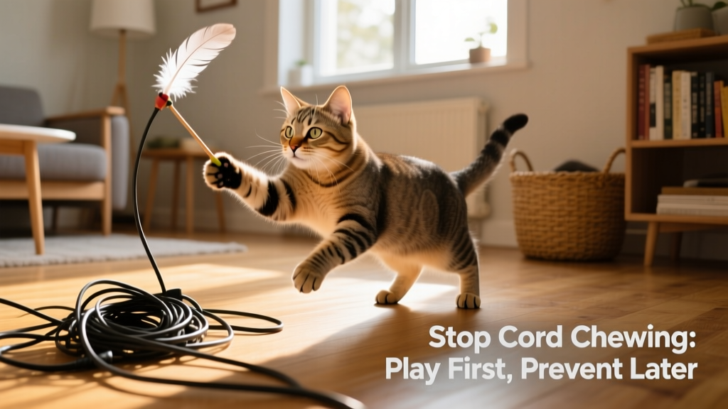 Happy cat batting at a feather wand toy while ignoring nearby cords