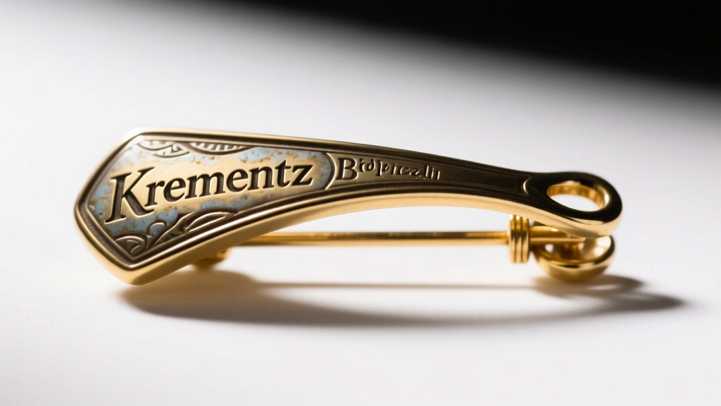 Macro photo of vintage Krementz brooch back showing the stamped hallmark and gold-filled pin stem mechanism in sharp studio light