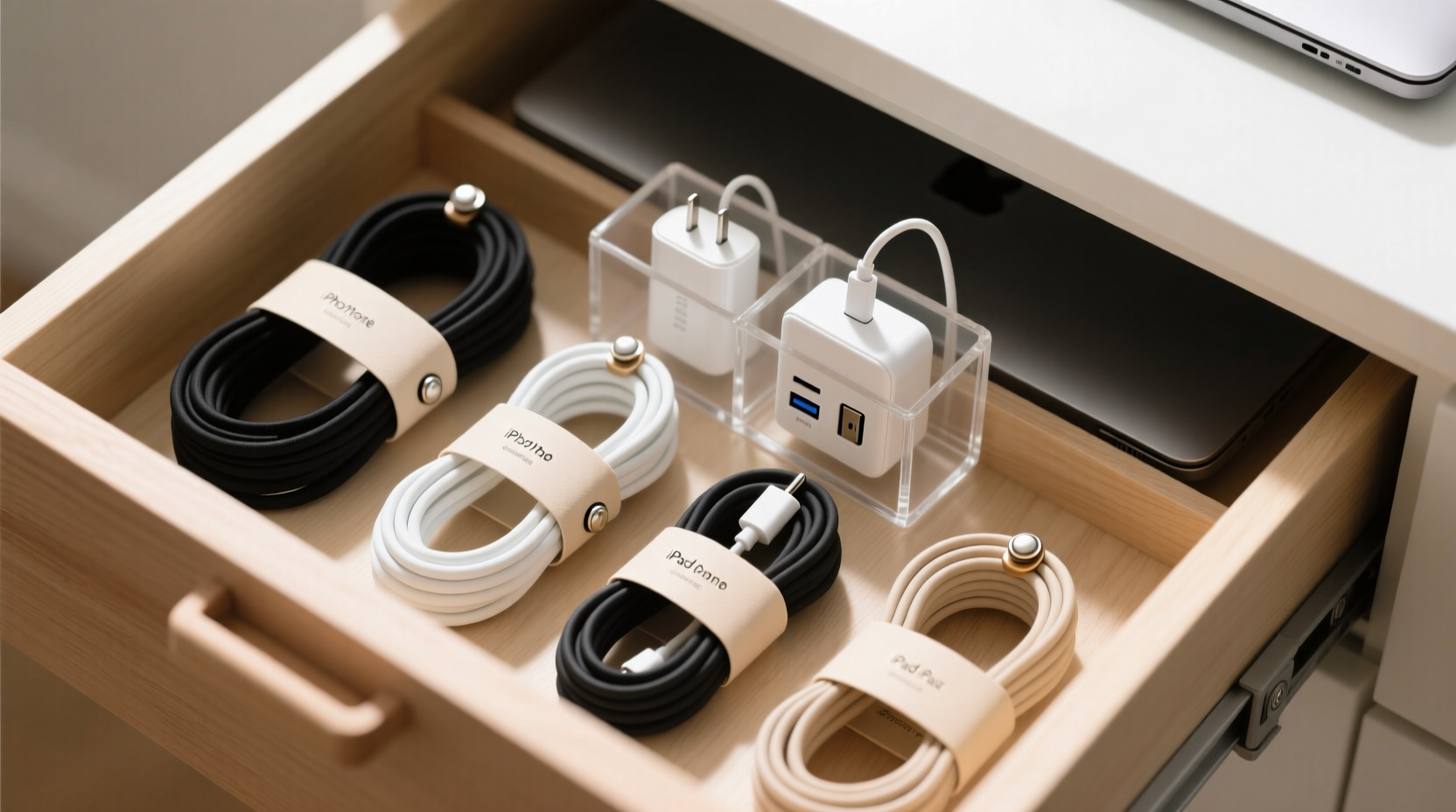 how to organize cords and chargers in a minimalist drawer