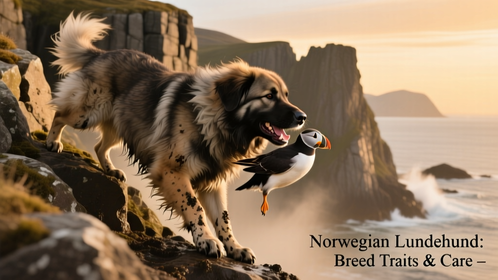 Historical illustration or vintage photo showing a Norwegian lundehund climbing steep coastal rocks with a puffin in its mouth