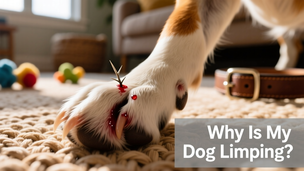 Close-up of a dog's front paw showing a thorn embedded in the pad