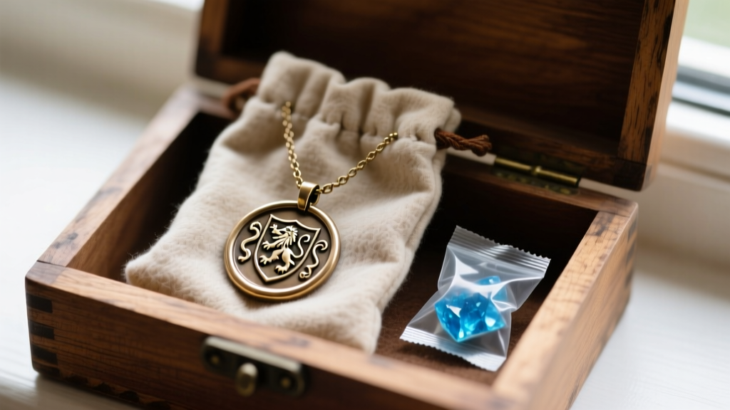A vintage crest seal necklace stored inside an anti-tarnish flannel pouch next to a silica gel packet in a wooden jewelry box.
