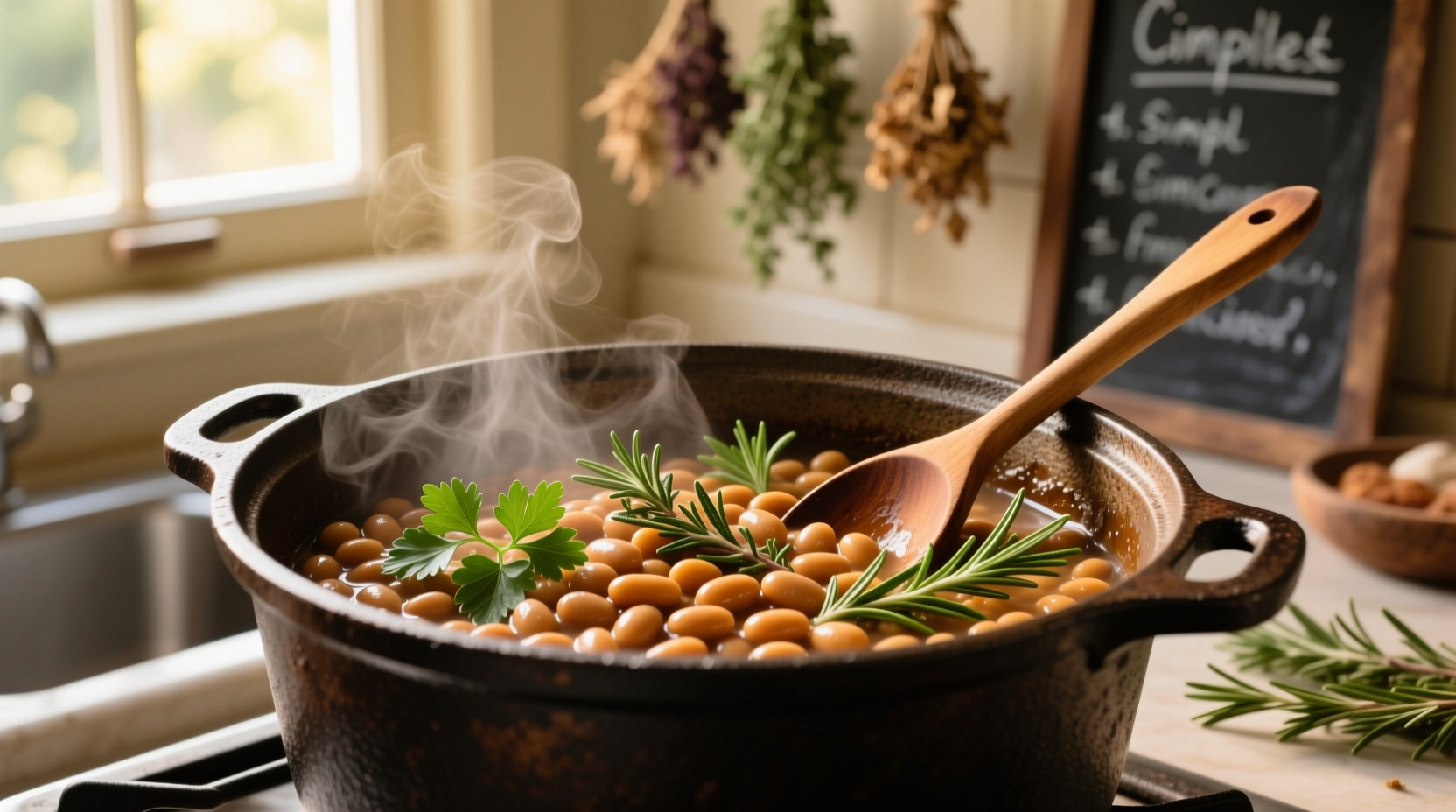 Perfectly cooked beans in a pot with herbs