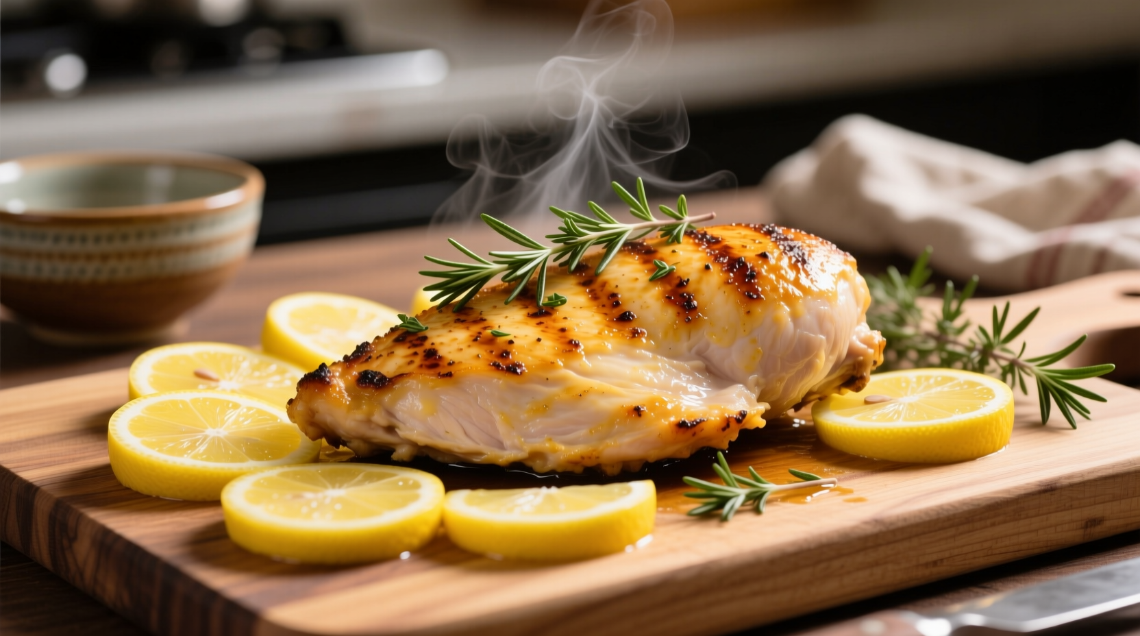 Golden pan-seared chicken with lemon slices and herbs