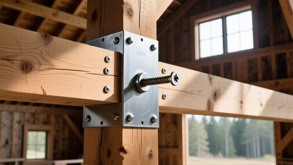 Heavy timber joints secured with large galvanized structural wood screws and steel plates in a modern post-and-beam barn.