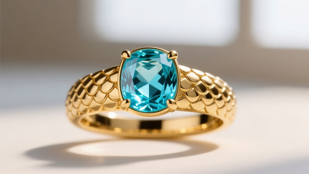 Close-up of a gold mermaid ring with a bezel-set lab-created aquamarine, highlighting the intricate scale texture.