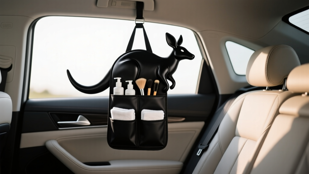 Black Kangaroo multi-pocket auto organizer hanging from a backseat, storing detailing supplies and microfiber towels in a trunk.