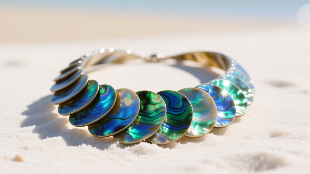 Vibrant paua shell statement necklace resting on white sand, featuring iridescent blue and green hues under bright natural sunlight.