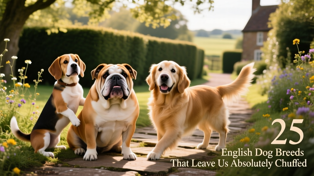 A joyful group of English dog breeds—including a bulldog, beagle, and golden retriever—posing together outdoors