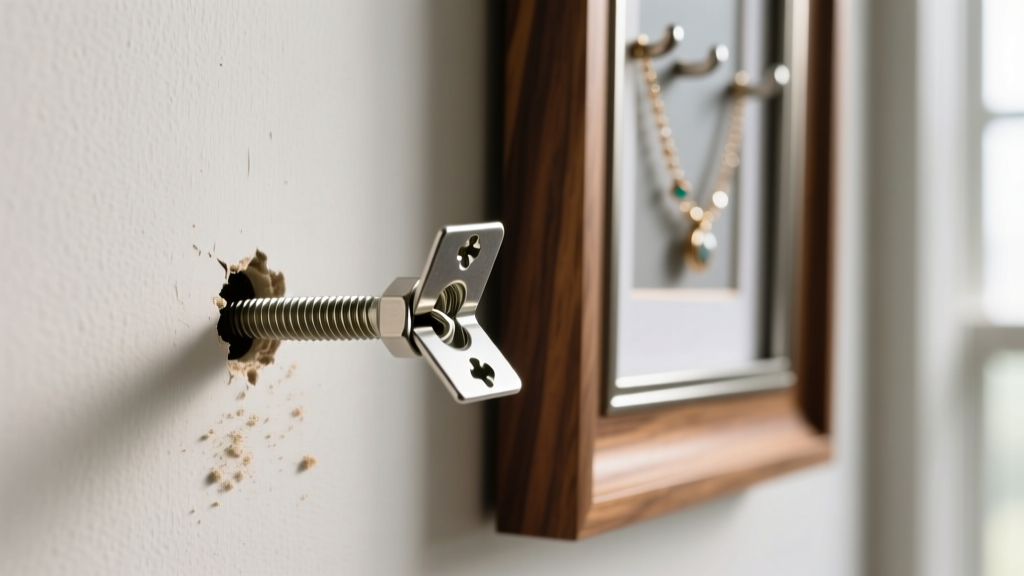 A 1/8-inch toggle bolt being inserted into a drywall hole to securely mount a heavy, fully loaded picture frame jewelry holder.