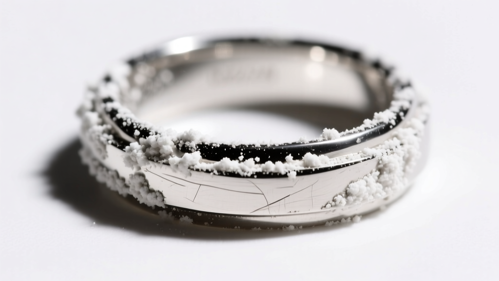 Macro photography of a sterling silver ring setting caked in dull white baking powder residue under harsh studio lighting