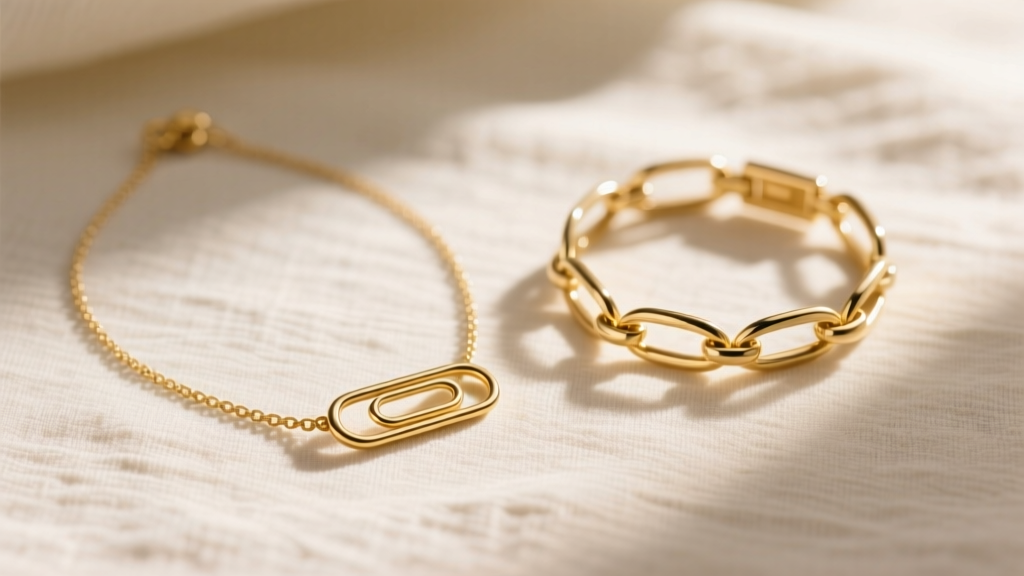 Overhead flatlay of matching 18k gold paperclip necklace and bracelet set on textured cream linen in soft natural window light