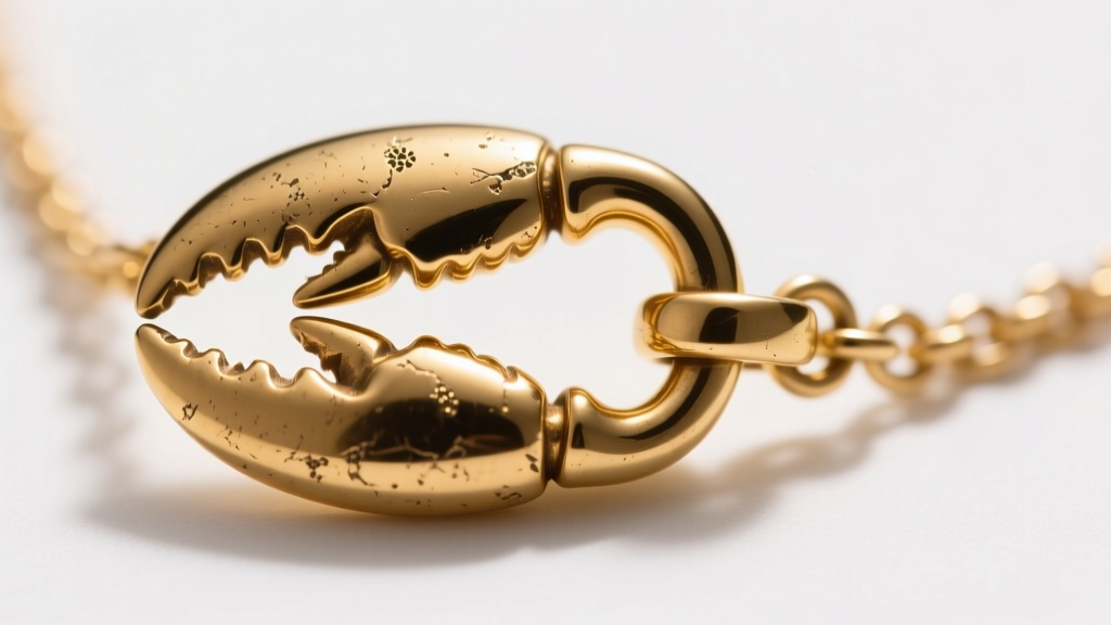 Extreme macro photography of a JBK necklace lobster clasp showing slight gold plating wear revealing brass base metal