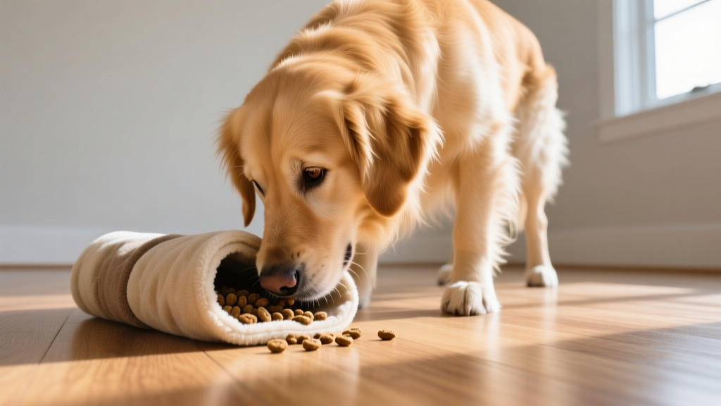 Golden retriever using its nose to find hidden kibble inside a rolled-up fleece snuffle towel on a hardwood floor.