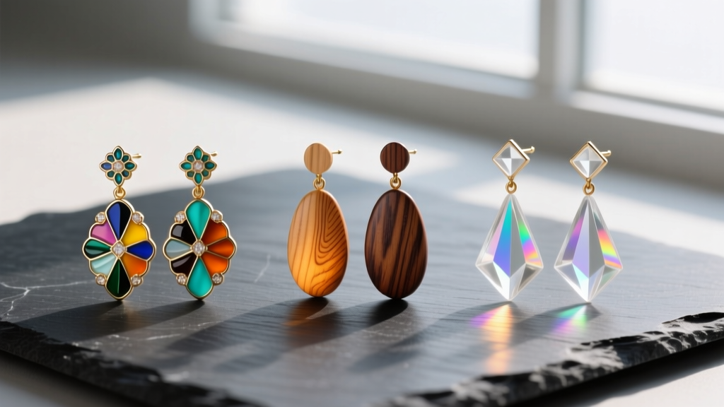 Flat lay of three pairs of Hanafuda dangle earrings on dark slate, featuring enamel, wood, and acrylic material variations.