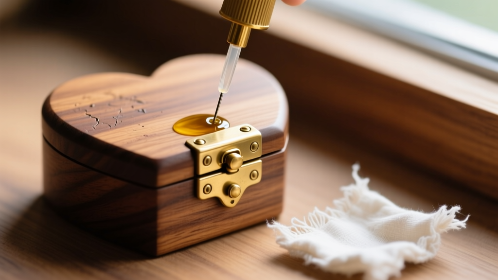 Macro shot of a brass hinge on a wooden heart jewelry box being carefully oiled with a precision needle applicator and cloth.