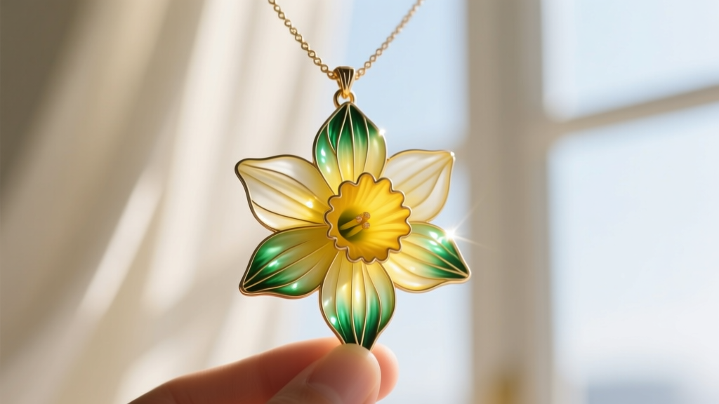 Macro shot of a plique-à-jour enamel daffodil necklace held up to sunlight, showing translucent yellow and green petals.