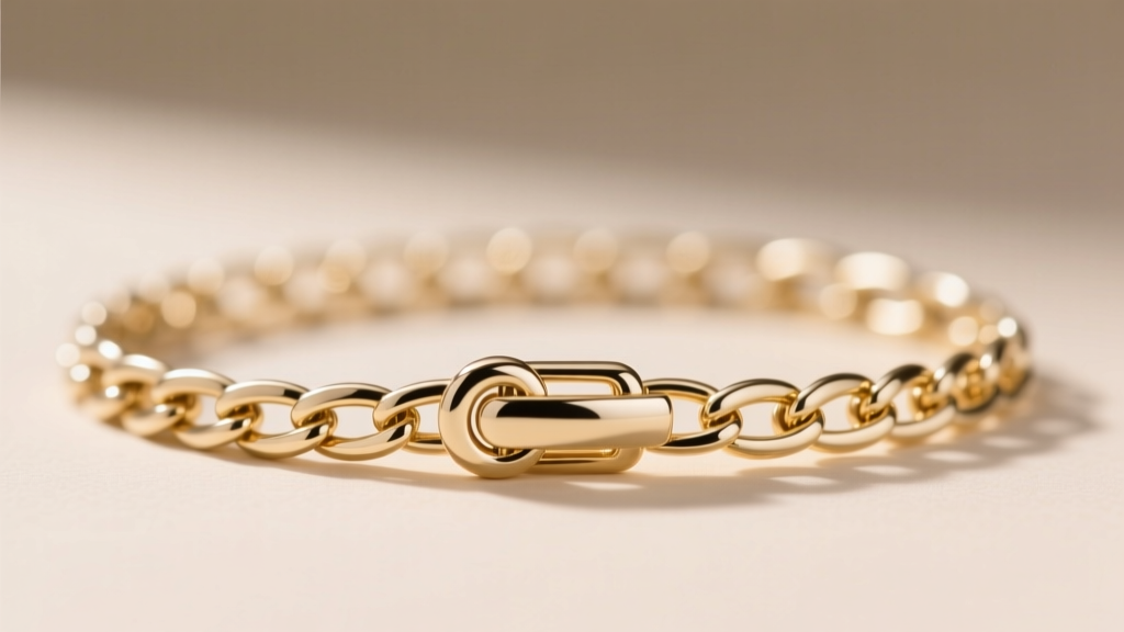 Macro view of a 1mm 18k white gold box chain with a magnetic clasp, highlighted against a blurred neutral beige background.