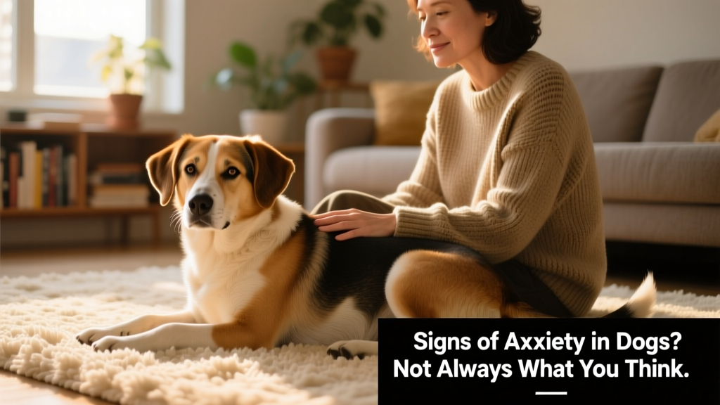 A calm, relaxed dog resting beside their owner on a cozy rug