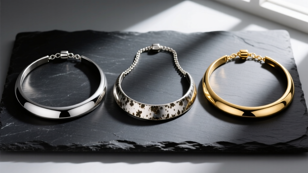 Flat lay of three 18 in necklace on man chains in stainless steel, oxidized silver, and 14k gold on a dark slate background