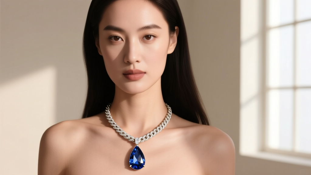 Elegant woman wearing a teardrop sapphire pendant suspended from a seamless 18k white gold Euro necklace bail on a thick rope chain