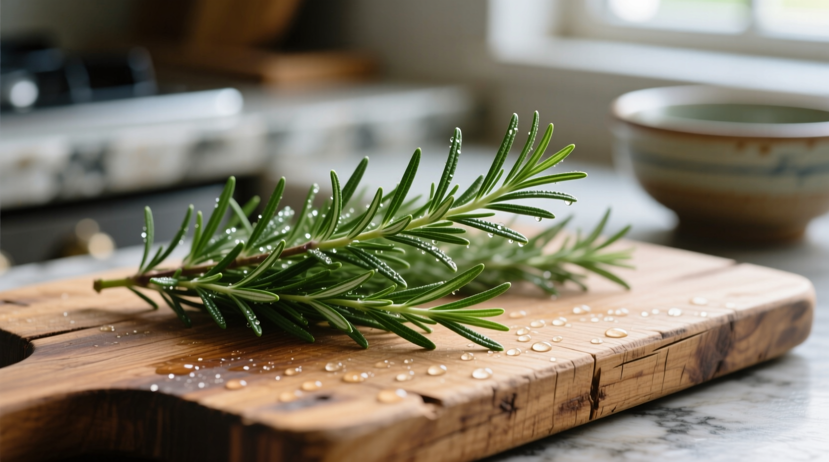 Close-up of fresh rosemary sprigs on wooden cutting board